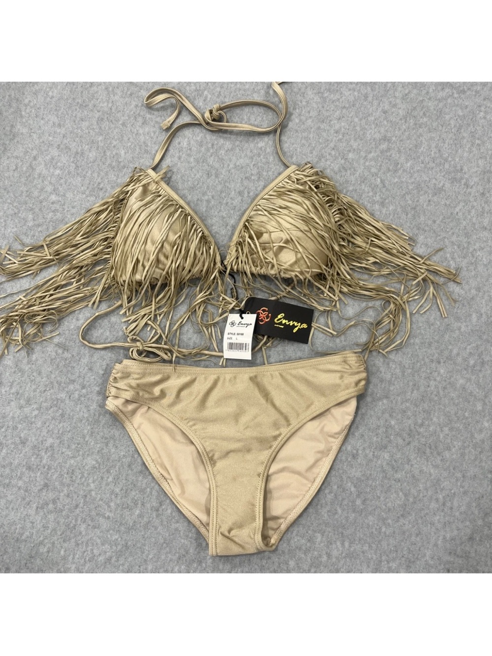 NWT Ennya 2 Piece Bikini Fringe Tie Top and Brazil Botton Butt Plumping Size Lg